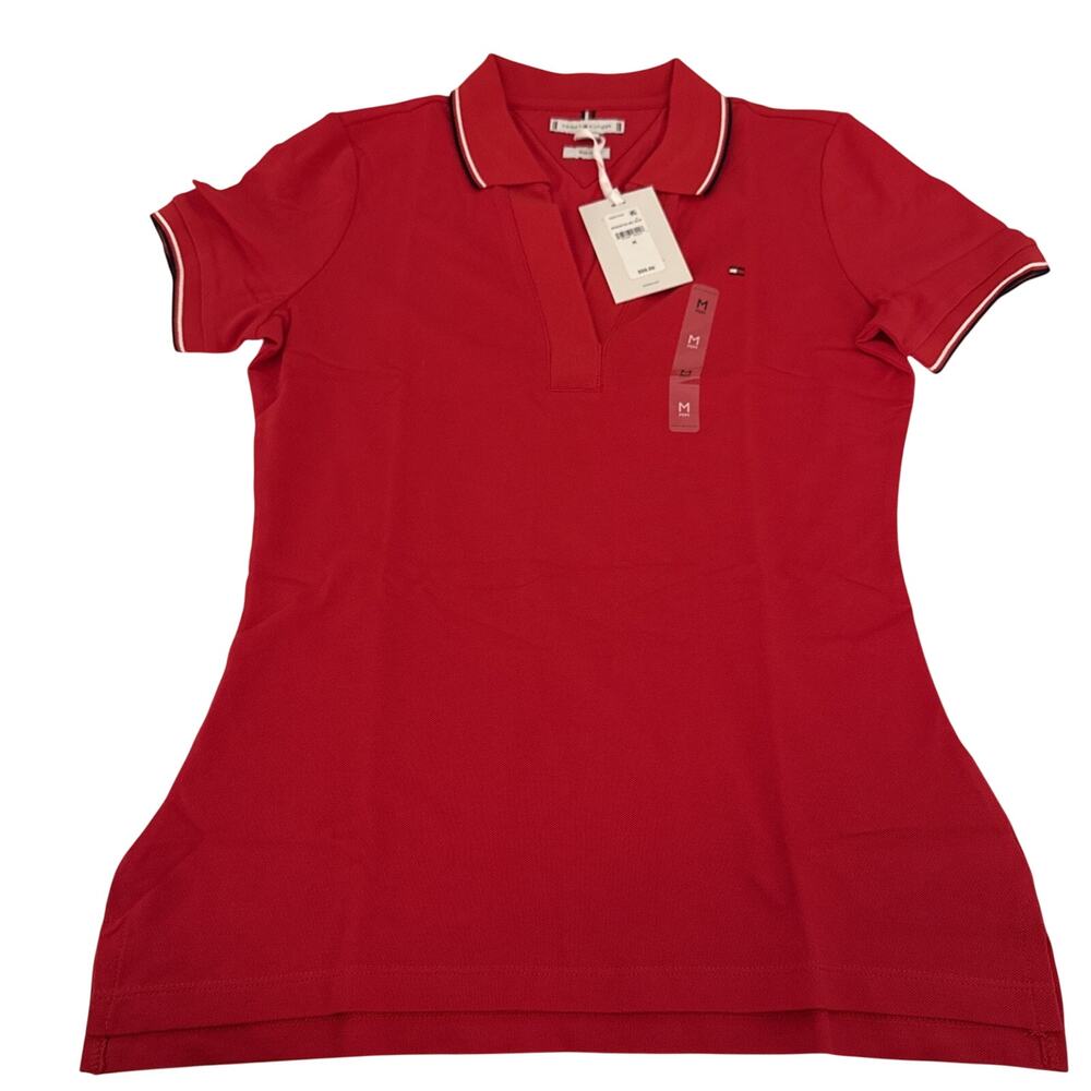Tommy Hilfiger Women V Neck Red Polo Size M - Slim Fit